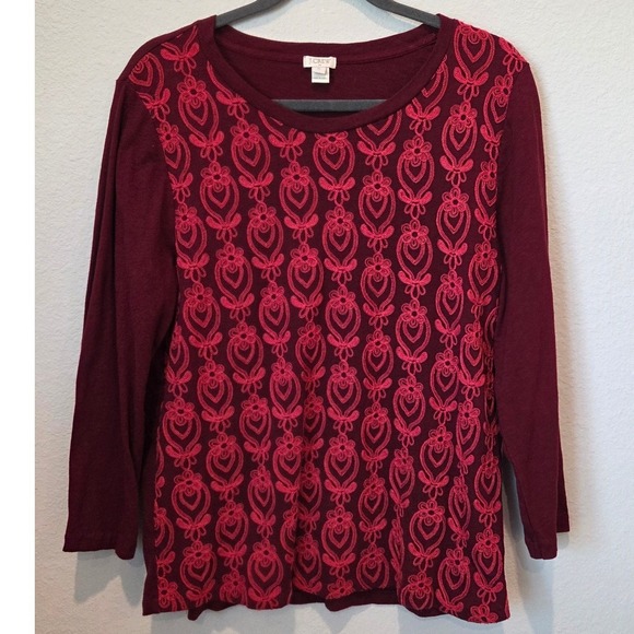 J. Crew XL Burgundy Red Embroidered Long Sleeve Cotton Top - Picture 4 of 8